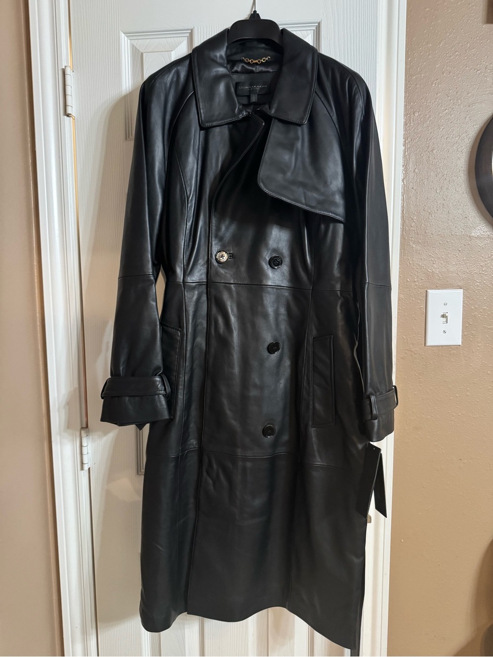 Donna Karan Black Leather Double-Breasted Trench Coat